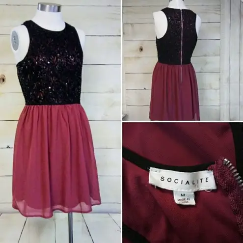 Socialite  Black Maroon Sequins Flare Dress Medium