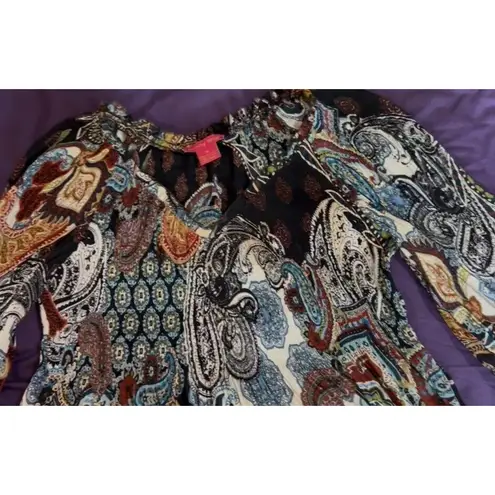 Sunny Leigh Paisley Print Blouse Smocked Boho Peasant Prairie Long Sleeves Med