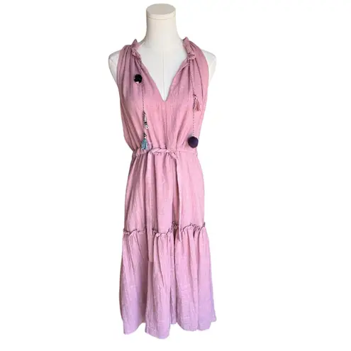 MISA Los Angeles MISA - Nicoletta Pink Sleeveless Midi Tassel Tie Waist Tiered Dress Sz S
