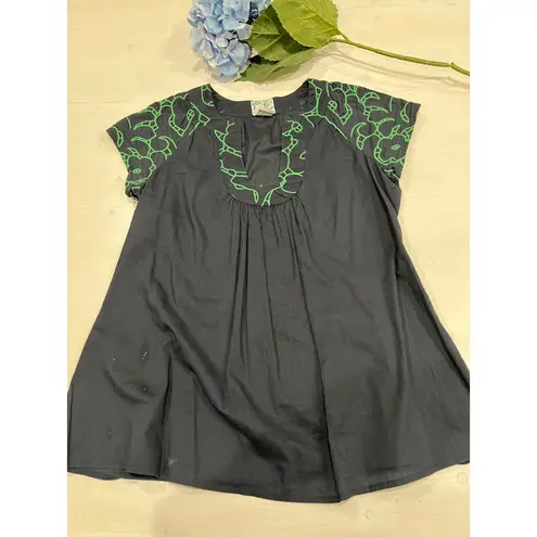 Tabitha Embroidered Tunic Top Navy Blue Green Floral Cotton Dress Size 4