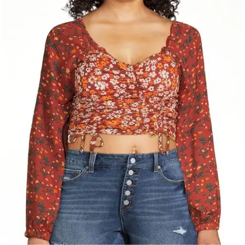 Madden NYC Junior's Shirred floral Print Peasant Top L Puff sleeve smocked Orange Size undefined