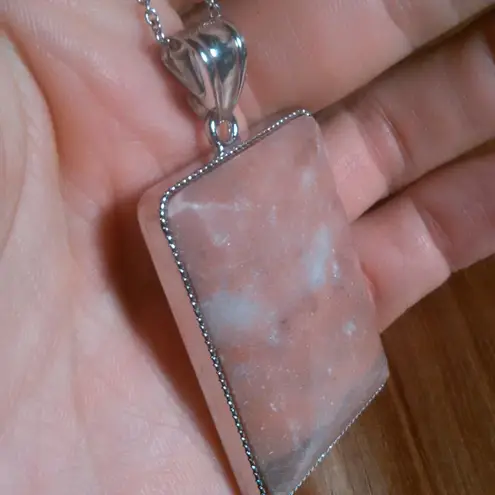 Peace Chili Stone Rectangular Frame Two Inch Pendant Stainless Steel Necklace