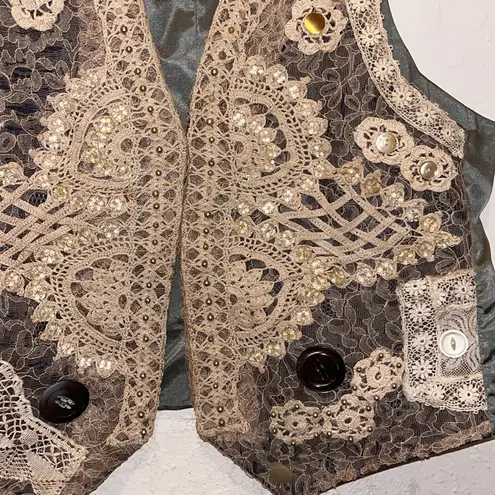 Vintage Silk Vest Lace Embellished Beads Sequin Floral Boho Size XL
