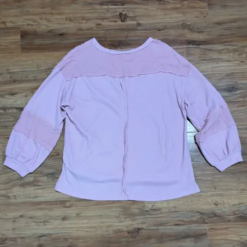 Waffle Knit Top Raw Edge Pocket Long Sleeve Pullover Comfy Casual Pink L Size L