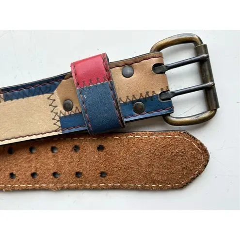 Vintage Multicolored Patchwork Tan Red & Blue Color Block Leather Belt Size 32