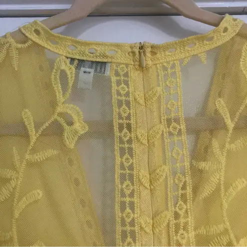 Socialite bright yellow lace mini dress short lined sheer back v neck floral