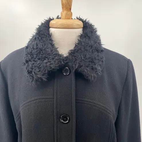 Vintage Y2k Wool Coat Single Breasted Button Down Faux Fur Trim Collar Black XL