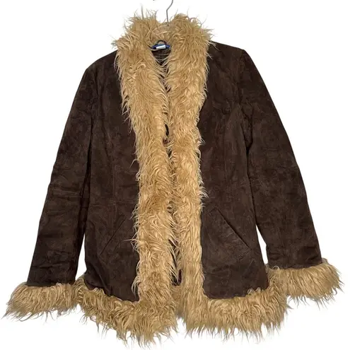 Y2K dELiA*s Suede Faux Fur Trim Jacket – Brown Shaggy Coat Size M (1990s/2000s) Tan Size M