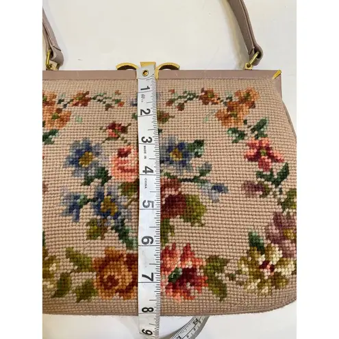 Vintage Floral Tapestry Needlepoint Purse Handbag Granny w/ Small Mirror EUC Tan