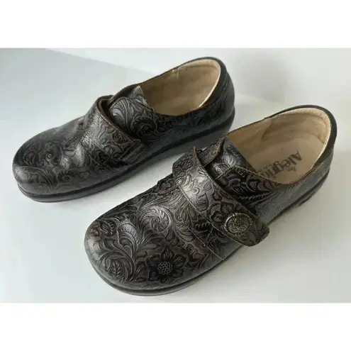 Alegria Mules Clogs Joleen Women 9.5 Tooled Leather Slipon Oxford Molasses Brown