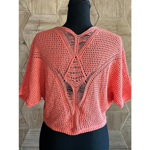 Womens Cropped Cardigan S/M Peach Short Sleeve Crochet Open Front Boho Fairy Orange - Image 3