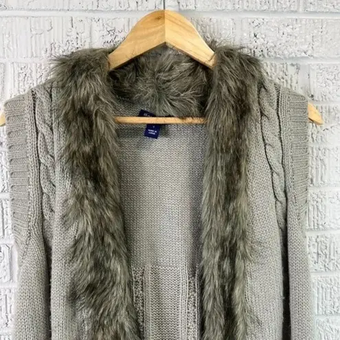 Bandolino Women's Small Vest Grey Knit Open Front Cardigan Fur Trim