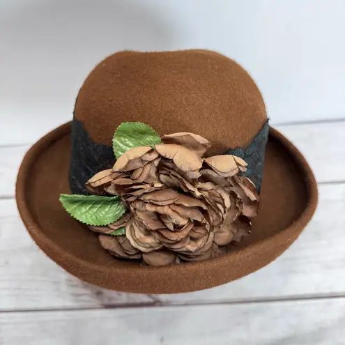 Vintage Brown 100% Wool Bucket Hat with Flower Flapper 1920s Style Derby Lace
