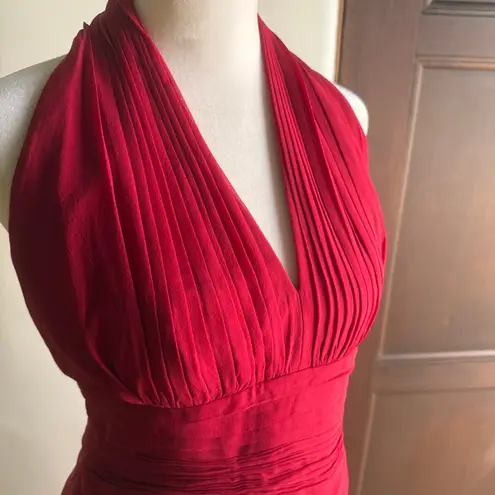 Tadashi Shoji Red Silk Chiffon Ruffle Skirt Halter Sheath Cocktail Dress Medium