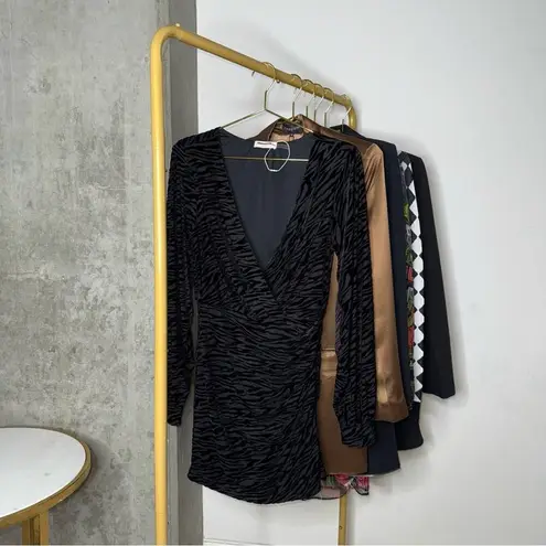 Ramy Brook New Kalani Black Zebra Print Flocked Textuted Long Sleeve Mini Dress