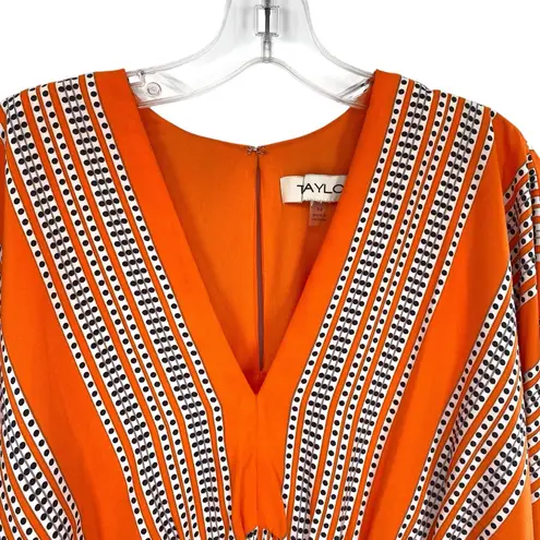 Taylor Stripe Print Orange Fit and Flare Dress Elbow Sleeve V