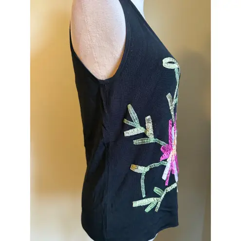 SwEATERWORKS Black Floral Applique Tank Top L boho whimsigothfiry Y2K pink Size L