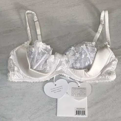 Mimi Holliday M Padded Bra Honeysuckle 1/4 Cup Plunge Silk Bridal Lace Bow Heart White Size M