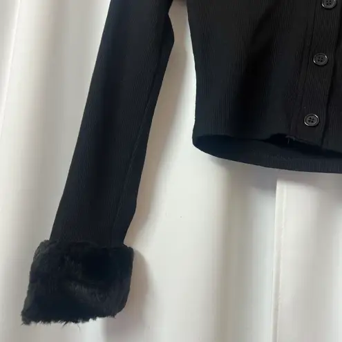 Black Faux Fur Trim Sleeves & Collar Button Up Crop Y2K 90s Style Sweater