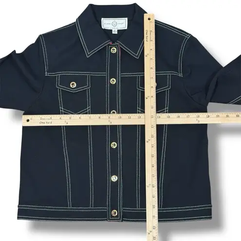 Vntg St. John Sport Contrast Stitch Button Front Denim Jacket Black Pink Small