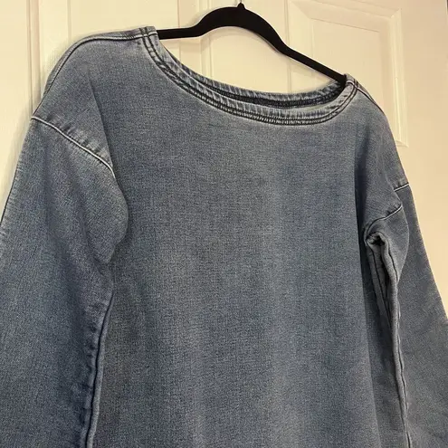 One Teaspoon  Womens Washed Blue Denim Long Sleeve Boat Neck Pullover Boxy Top XS