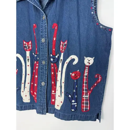 Vintage New Directions Denim Vest Women L Cat Embroidered Patriotic USA July 4th Blue Size L