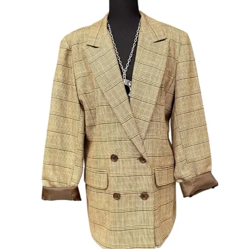 J.G. Hook Wool Glen Plaid Double Breasted Blazer Brown Check Size 10