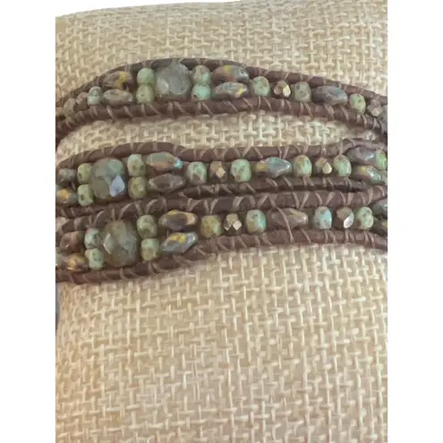 Bohemian Beaded Leather Wrap Bracelet Stones Button Clasp Rustic Earth Tones 21" Green thumbnail 3