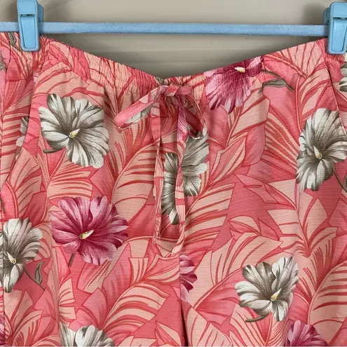 Koret Coral Floral Print Elastic Waist Pull On Crop Pants Large Pink