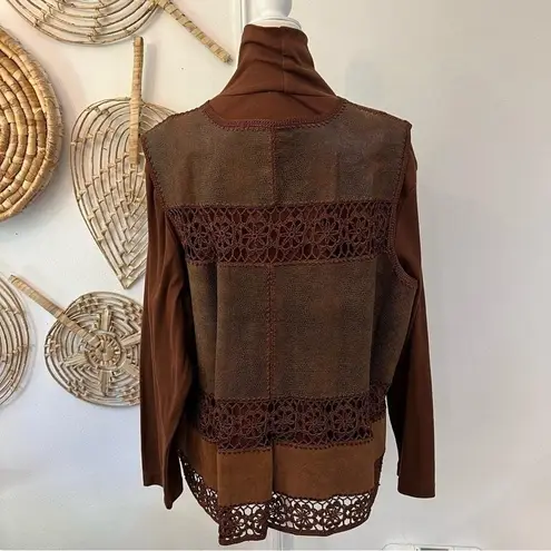 Vintage Denim & Co Leather Vest & Turtleneck Top Western Boho Brown Outfit 3X Size undefined