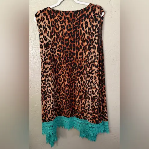 L&B Lucky & Blessed Leopard Print Turquoise Lace Trim Duster Vest XL Western Brown