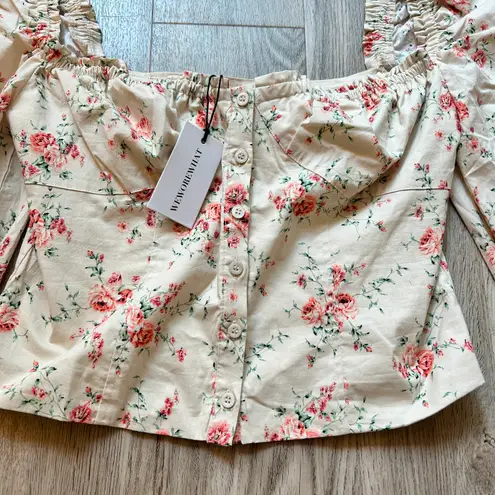 We Wore What Floral Ruched Long Sleeve Crop Top Square Neck Size L NWT
