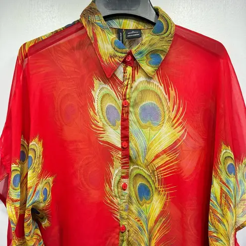 Red Peacock Feathers Sheer Button Front Blouse with Short Flutter Sleeves Size XL