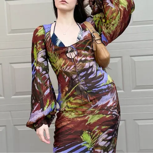 Rat & Boa Daliana Tropical Print Resortwear Semi Sheer Long Sleeve Maxi Dress S