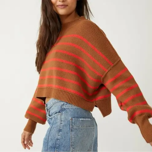 Free People  Easy Street Stripe Crop Pullover Sweater Brown Orange Large