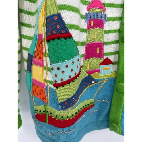 Quacker Factory Cardigan Sweater M Embroidered Lighthouse Boats Beach Striped - Image 5