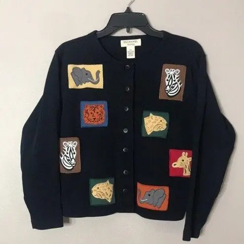 Bechamel black button up cardigan with safari animals patches petite small Size undefined - Image 1