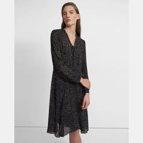 Theory NEW  Tie Neck Drape Silk Dress Midi Multi Speckle Black