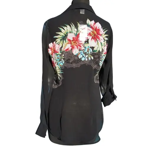 Cache  Black Sheer Illusion Adjustable Cargo Sleeves Floral Top New $118 NWT