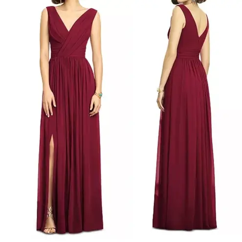 Dessy Collection Shirred Sleeveless Draped Chiffon Maxi Dress Gown: Burgundy Size 4