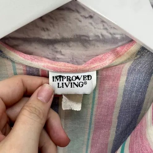 Vintage Improved Living Striped Robe House Coat Size L Ruffle Lace Button Pink Size L