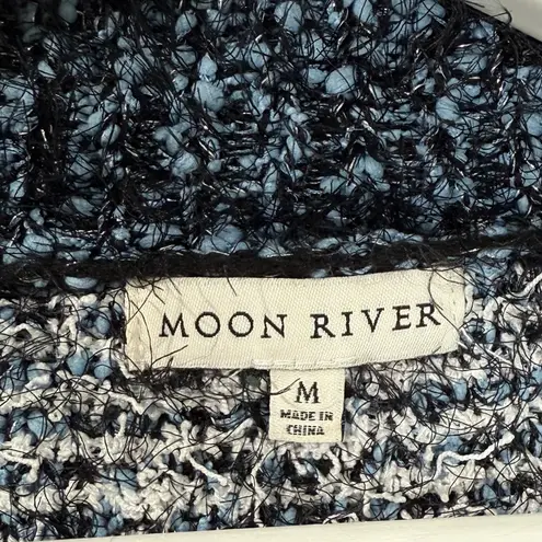 Moon River Textured Knit Cropped Blue White Fuzzy V Neck Cardigan Jacket Medium - Image 10