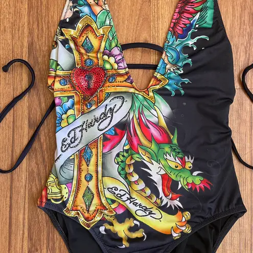 Ed Hardy Vintage Y2K Rare Black Dragon Cross Rhinestone Edgy One Piece Swimsuit