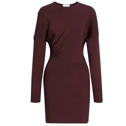 Ganni NEW Ruched Ribbed-Knit Asymmetrical Mini Dress size L Grape