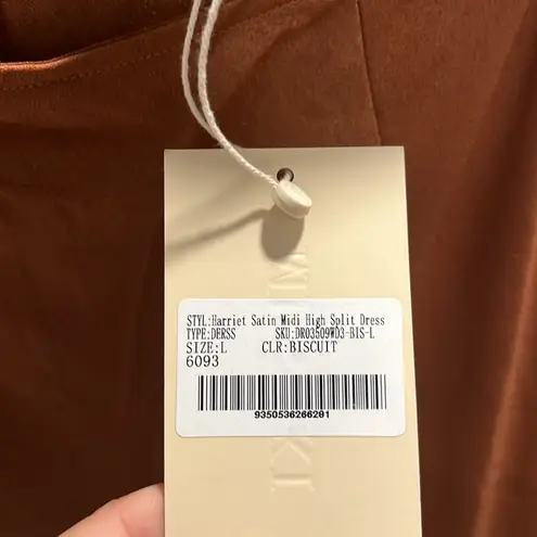 Meshki (NWT) Harriet Satin Midi High Split Dress, Biscuit, Size L