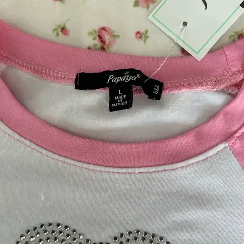 Papaya  Pink and White Raglan rhinestone heart crop top
