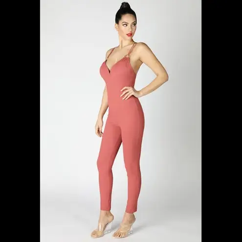 NIKIBIKI New Brick Red Skinny Strap Ribbed Jumpsuit