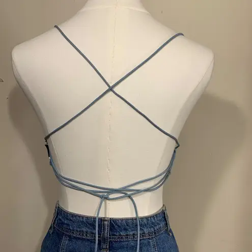 SHEIN Blue Ribbed Knit Handkerchief Hem Crop Top Size XS Crisscross Back Spaghet