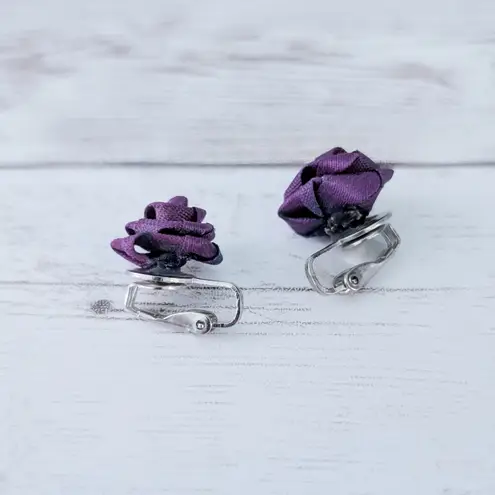 Vintage Clip On Earrings Purple Fabric Rose 5/8"