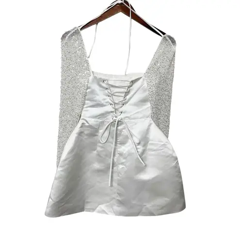 Babyboo NWT Dolly Mini Dress Ivory Satin Beaded Long Sleeve Women’s XS